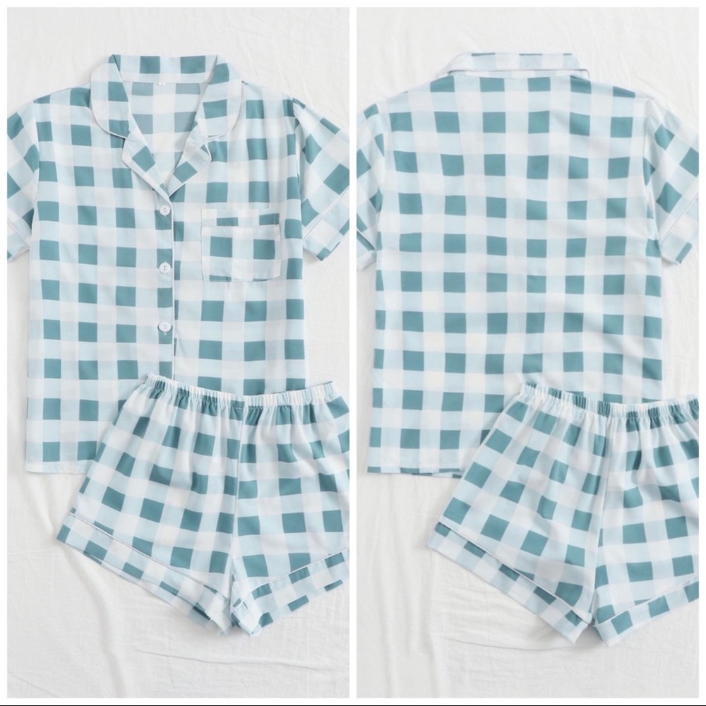 New White & Teal Plaid Shorts Pajama Set - Picture 2 of 5
